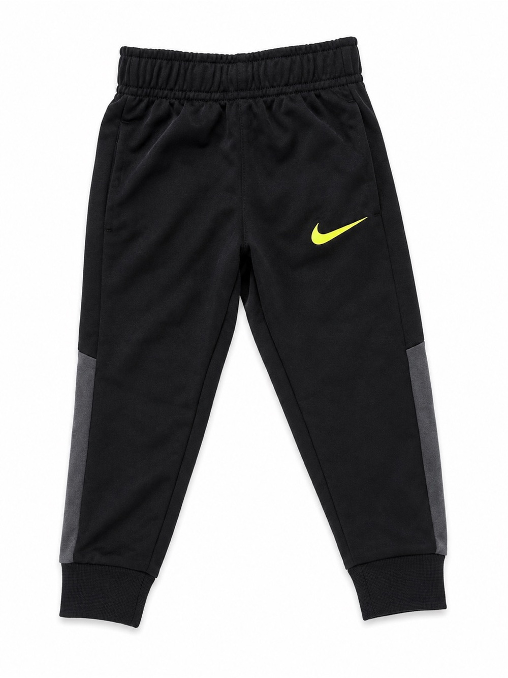 Nike Black Joggers with Neon Yellow Swoosh and Gray Side Panels